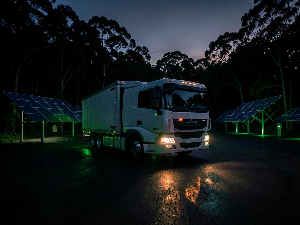 Camion en recharge sur un site logistique équipé de panneaux solaires
